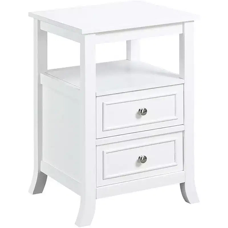 Table d'appoint HomeStock Belmont élégante et de style transitoire avec deux tiroirs, une étagère ouverte, des poignées en étain et des pieds en sabre pour le rangement dans le salon