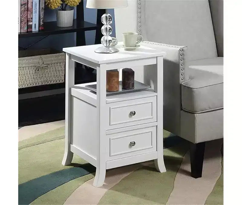 Table d'appoint HomeStock Belmont élégante et de style transitoire avec deux tiroirs, une étagère ouverte, des poignées en étain et des pieds en sabre pour le rangement dans le salon