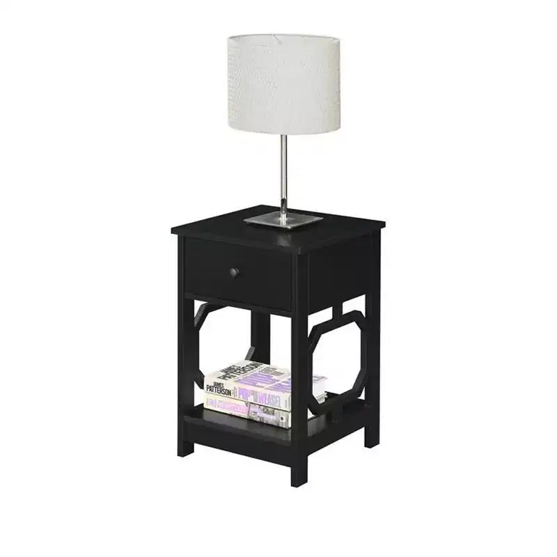 Table d'appoint HomeStock Belmont à 1 tiroir avec motif latéral octogonal, deux étagères et un tiroir coulissant, table d'appoint élégante pour le rangement de la chambre