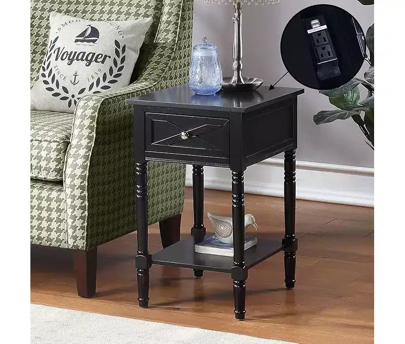 Table d'appoint HomeStock Belmont avec station de charge dissimulée, 2 prises, 2 ports USB, tiroir de rangement et étagère, table d'appoint élégante pour la maison