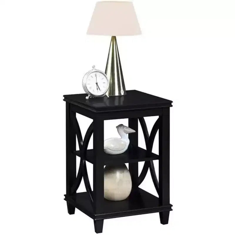 Table d'appoint HomeStock Belmont avec côtés en X doux et deux étagères, en bois d'hévéa massif avec placage de chêne pour le rangement du salon