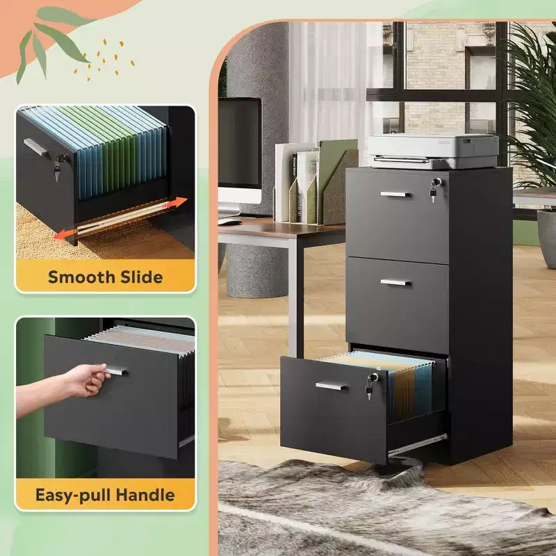 Meuble de classement vertical GALAXHERO à 3 tiroirs en bois avec serrure - Rangement pour bureau à domicile et support d'imprimante pour formats lettre/A4