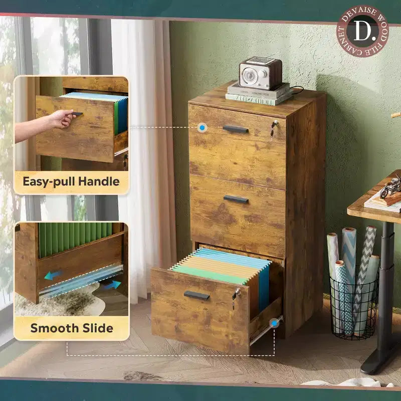 Meuble de classement vertical GALAXHERO à 3 tiroirs en bois avec serrure - Rangement pour bureau à domicile et support d'imprimante pour formats lettre/A4
