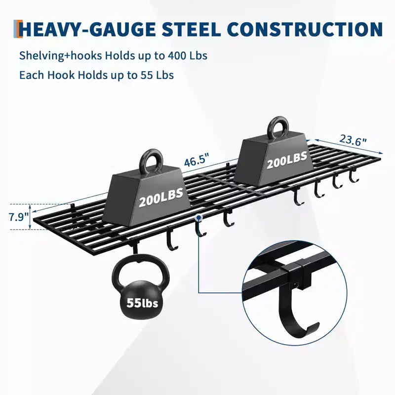Lot de 2 étagères de rangement murales de 60x120 cm pour garage avec crochets, étagères de rangement robustes de 360 kg, organisation des étagères murales de garage