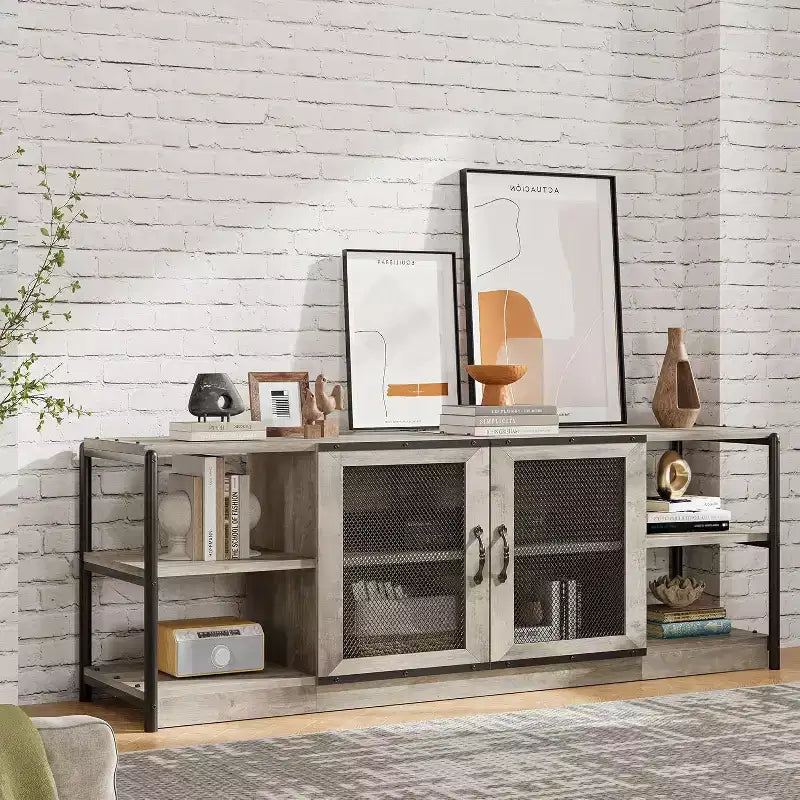 Meuble TV de style industriel/fermier - Meuble multimédia de 65 po et plus avec portes grillagées et étagères ouvertes pour salon