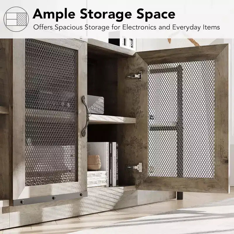Meuble TV de style industriel/fermier - Meuble multimédia de 65 po et plus avec portes grillagées et étagères ouvertes pour salon
