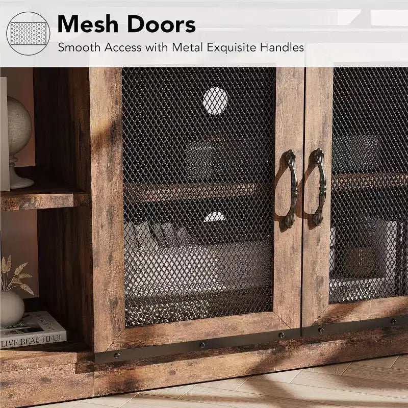 Meuble TV de style industriel/fermier - Meuble multimédia de 65 po et plus avec portes grillagées et étagères ouvertes pour salon
