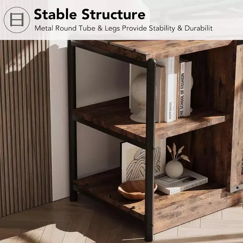 Meuble TV de style industriel/fermier - Meuble multimédia de 65 po et plus avec portes grillagées et étagères ouvertes pour salon