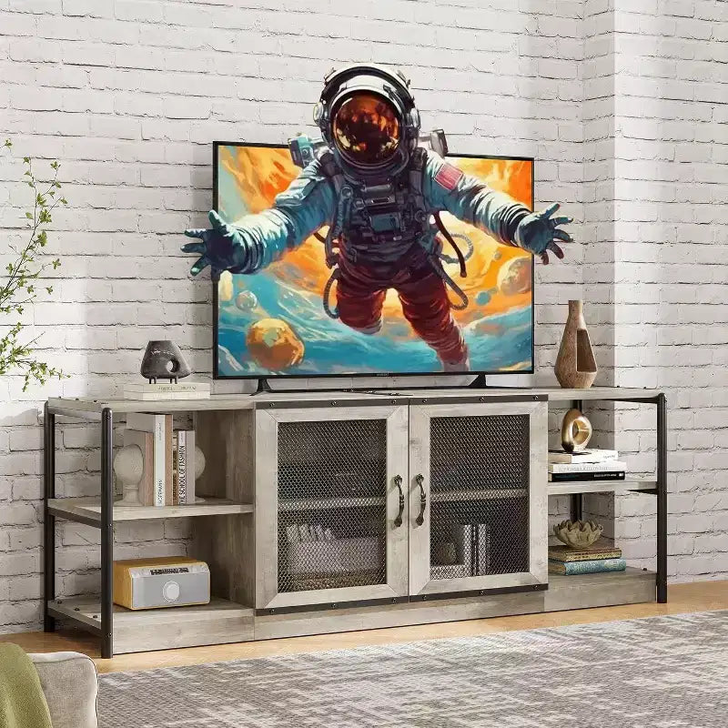 Meuble TV de style industriel/fermier - Meuble multimédia de 65 po et plus avec portes grillagées et étagères ouvertes pour salon