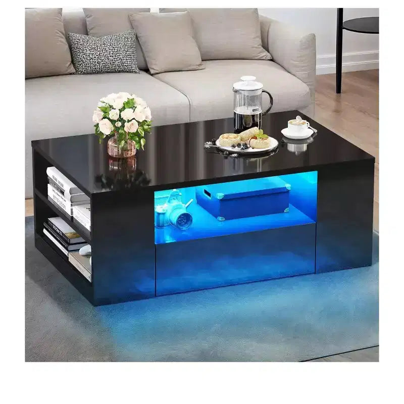 Modern Coffee Table For Living Room High Gloss LED Coffee Table Wood Center Table With 2 Sliding Drawers And Open Side Shelf
