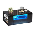 Table basse moderne pour salon, table basse LED laquée avec 2 tiroirs coulissants et étagère latérale ouverte, en bois