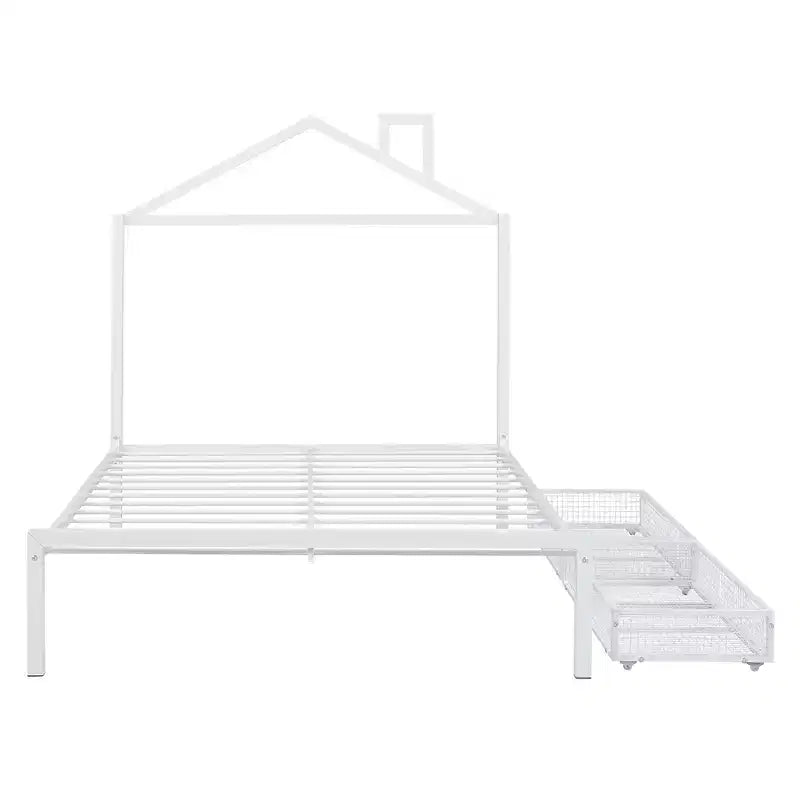 Lit double Bellemave pour enfants, lit double en métal avec tiroir pour garçons, filles, cadre de lit double avec tête de lit en forme de maison, lit cabane double, blanc