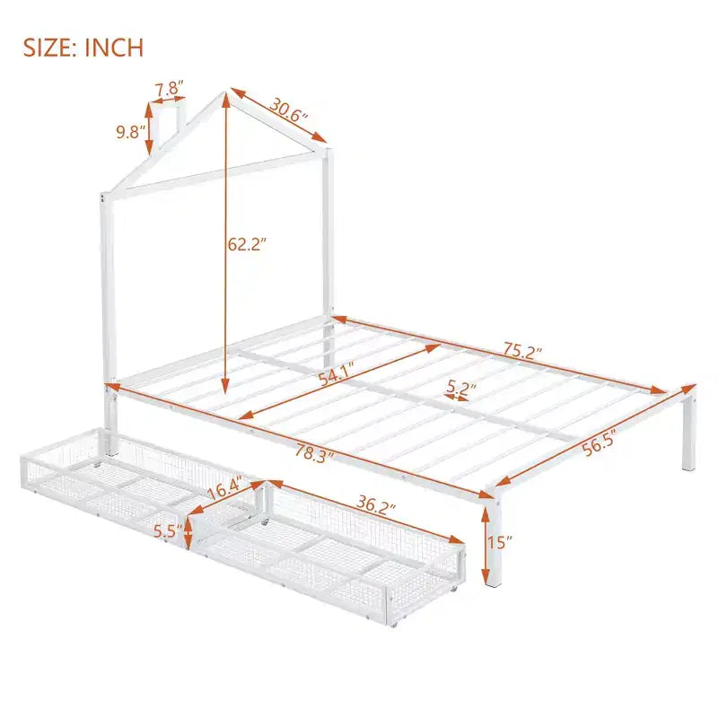 Lit double Bellemave pour enfants, lit double en métal avec tiroir pour garçons, filles, cadre de lit double avec tête de lit en forme de maison, lit cabane double, blanc