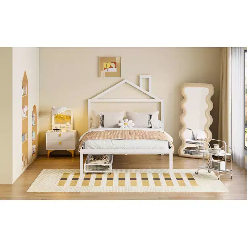 Lit double Bellemave pour enfants, lit double en métal avec tiroir pour garçons, filles, cadre de lit double avec tête de lit en forme de maison, lit cabane double, blanc