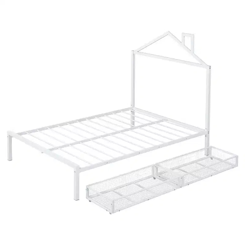 Lit double Bellemave pour enfants, lit double en métal avec tiroir pour garçons, filles, cadre de lit double avec tête de lit en forme de maison, lit cabane double, blanc
