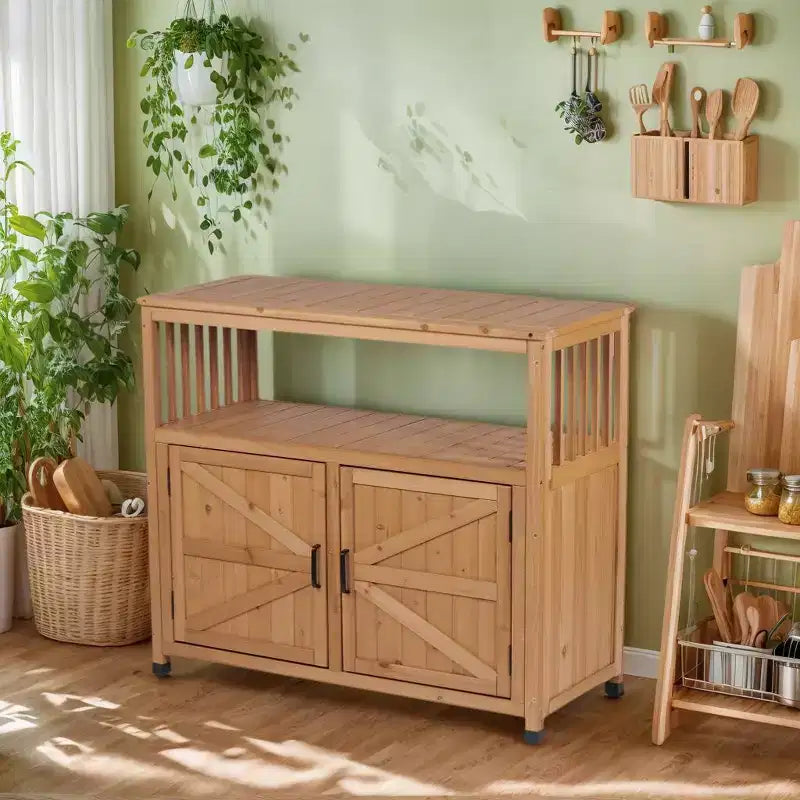 Meuble de rangement Okak avec établi de jardinage, meuble de cuisine avec 2 portes et 2 étagères, meuble bas pour salon, salle à manger, cuisine