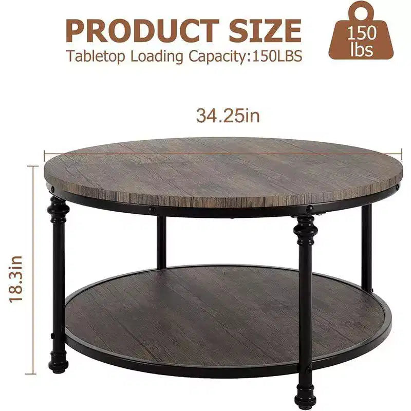 Table basse ronde pour salon, table centrale rustique avec étagère de rangement, table basse circulaire en bois avec pieds en métal robustes