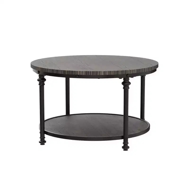 Table basse ronde pour salon, table centrale rustique avec étagère de rangement, table basse circulaire en bois avec pieds en métal robustes