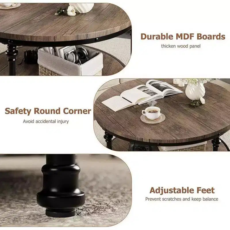 Table basse ronde pour salon, table centrale rustique avec étagère de rangement, table basse circulaire en bois avec pieds en métal robustes