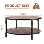 Table basse ronde pour salon, table centrale rustique avec étagère de rangement, table basse circulaire en bois avec pieds en métal robustes
