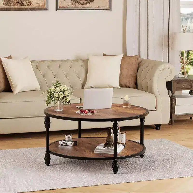 Table basse ronde pour salon, table centrale rustique avec étagère de rangement, table basse circulaire en bois avec pieds en métal robustes