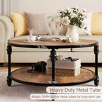 Table basse ronde pour salon, table centrale rustique avec étagère de rangement, table basse circulaire en bois avec pieds en métal robustes