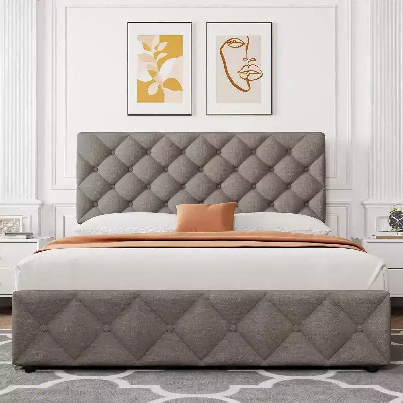 Cadre de lit plateforme Queen avec 4 tiroirs de rangement, tête de lit rembourrée réglable, revêtement capitonné avec boutons en losange, aucun sommier tapissier requis, gris