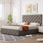 Cadre de lit plateforme Queen avec 4 tiroirs de rangement, tête de lit rembourrée réglable, revêtement capitonné avec boutons en losange, aucun sommier tapissier requis, gris