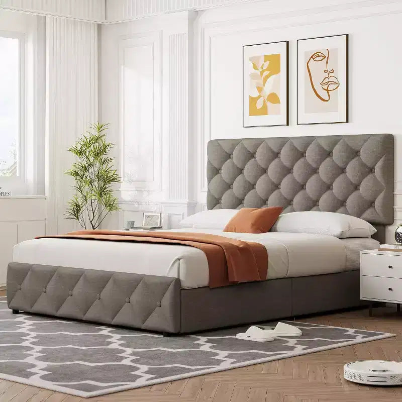 Cadre de lit plateforme Queen avec 4 tiroirs de rangement, tête de lit rembourrée réglable, revêtement capitonné avec boutons en losange, aucun sommier tapissier requis, gris