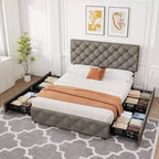 Cadre de lit plateforme Queen avec 4 tiroirs de rangement, tête de lit rembourrée réglable, revêtement capitonné avec boutons en losange, aucun sommier tapissier requis, gris