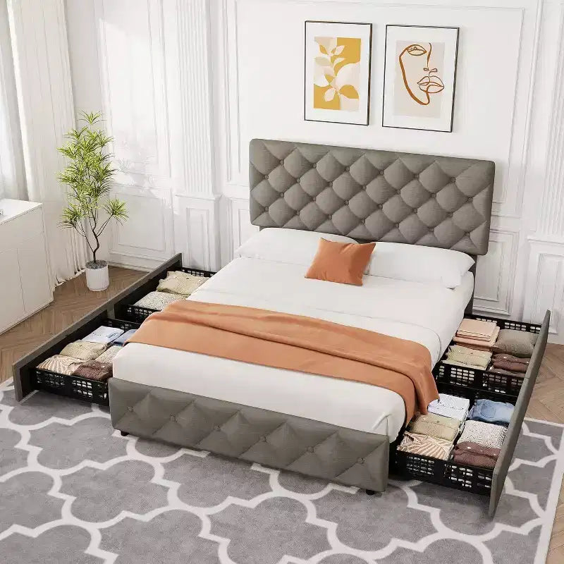 Cadre de lit plateforme Queen avec 4 tiroirs de rangement, tête de lit rembourrée réglable, revêtement capitonné avec boutons en losange, aucun sommier tapissier requis, gris