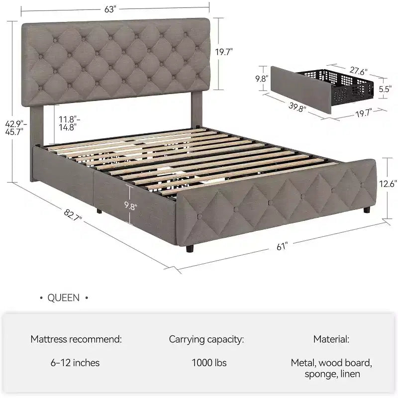 Cadre de lit plateforme Queen avec 4 tiroirs de rangement, tête de lit rembourrée réglable, revêtement capitonné avec boutons en losange, aucun sommier tapissier requis, gris
