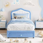 Twin Velvet Bed Frame with Glow Feature, Storage Drawer, Upholstered Headboard, No Box Spring, Blue