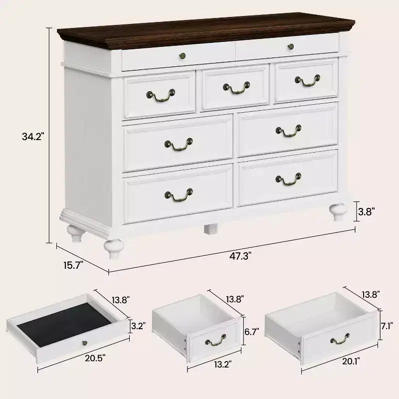 COZONY Commode de Ferme à 9 Tiroirs de 120 cm, Meuble de Rangement Rustique en Bois pour Chambre et Salon