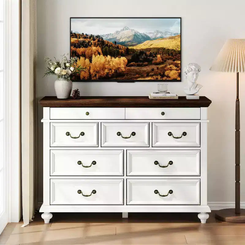 COZONY Commode de Ferme à 9 Tiroirs de 120 cm, Meuble de Rangement Rustique en Bois pour Chambre et Salon
