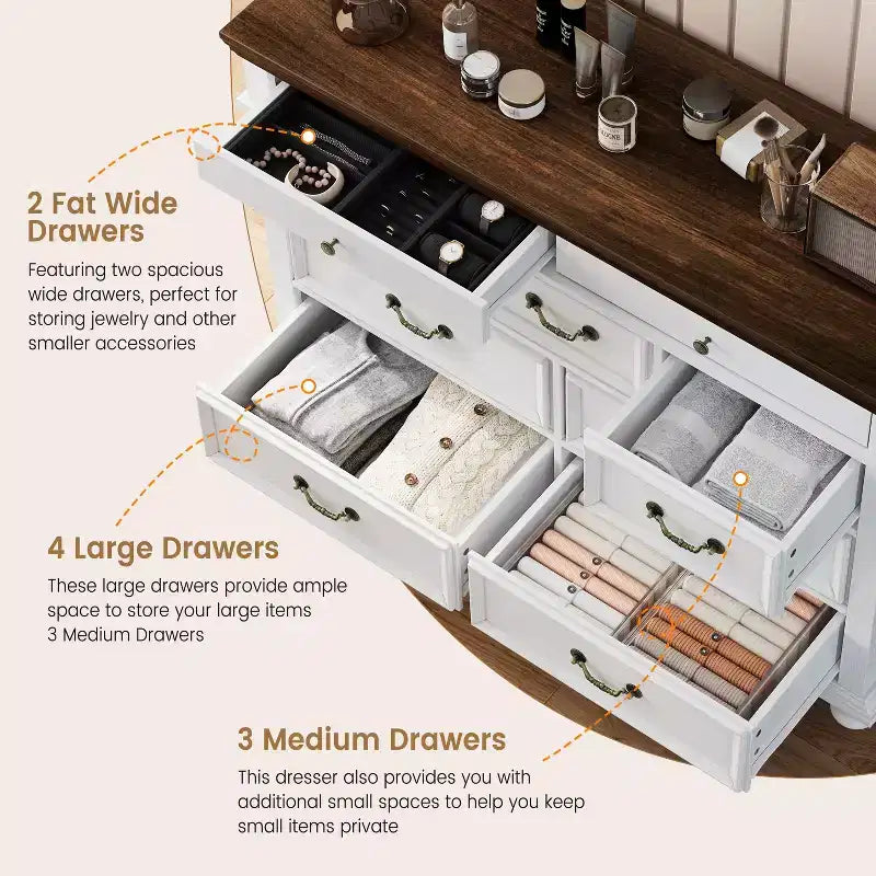 COZONY Commode de Ferme à 9 Tiroirs de 120 cm, Meuble de Rangement Rustique en Bois pour Chambre et Salon
