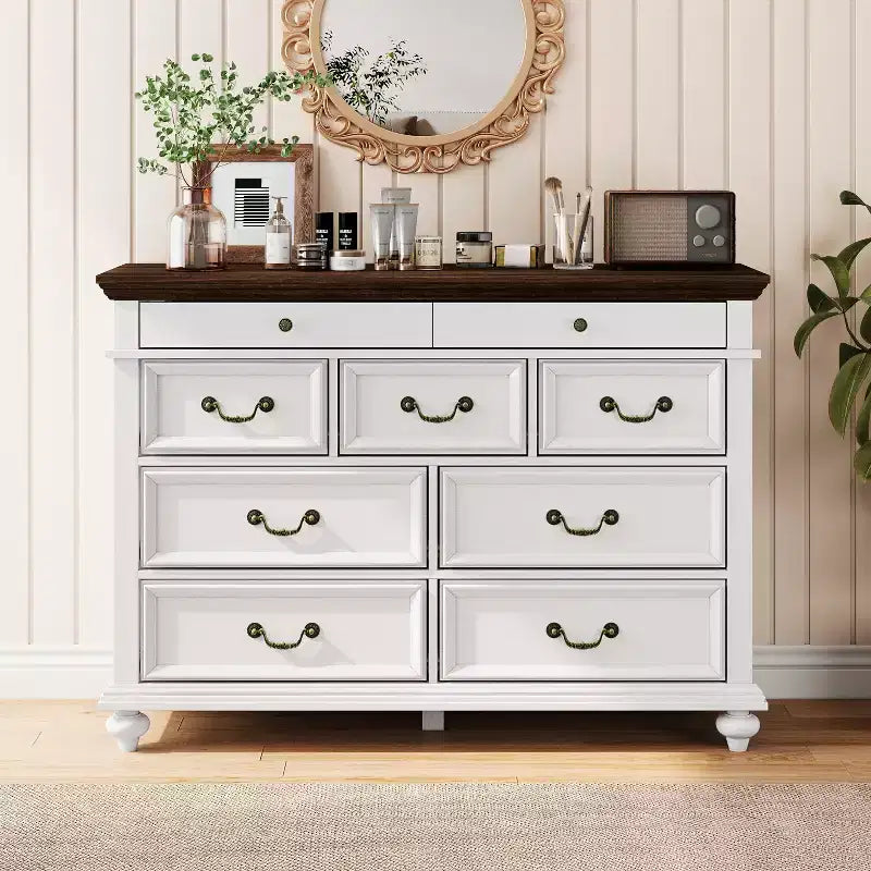 COZONY Commode de Ferme à 9 Tiroirs de 120 cm, Meuble de Rangement Rustique en Bois pour Chambre et Salon