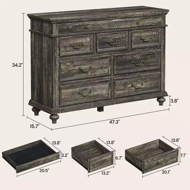 COZONY Commode de Ferme à 9 Tiroirs de 120 cm, Meuble de Rangement Rustique en Bois pour Chambre et Salon