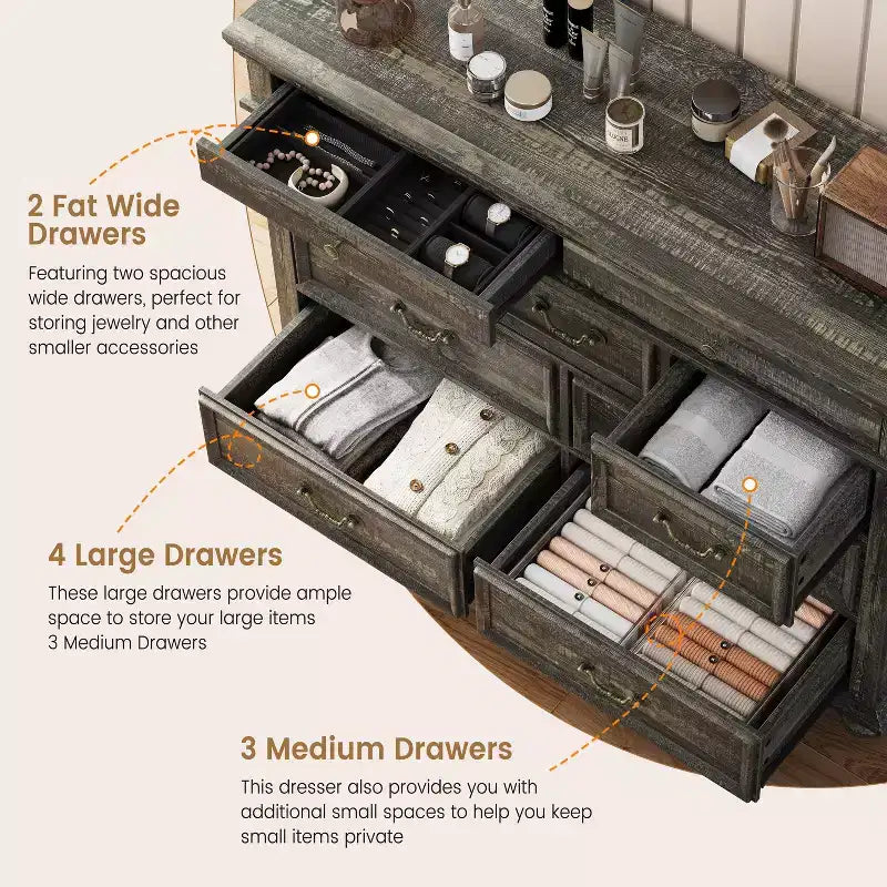COZONY Commode de Ferme à 9 Tiroirs de 120 cm, Meuble de Rangement Rustique en Bois pour Chambre et Salon