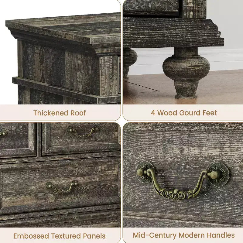 COZONY Commode de Ferme à 9 Tiroirs de 120 cm, Meuble de Rangement Rustique en Bois pour Chambre et Salon