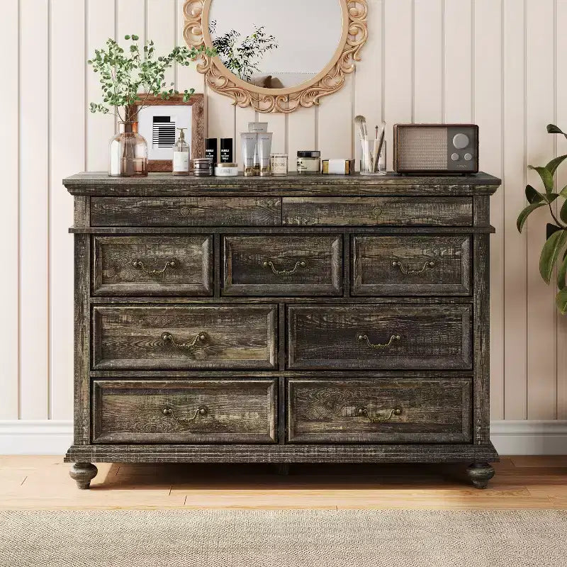 COZONY Commode de Ferme à 9 Tiroirs de 120 cm, Meuble de Rangement Rustique en Bois pour Chambre et Salon