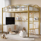 Lit mezzanine double avec escalier et garde-corps incurvé - Lattes métalliques robustes, gain de place, silencieux, pas besoin de sommier, idéal pour chambre d'enfant et dortoir, noir