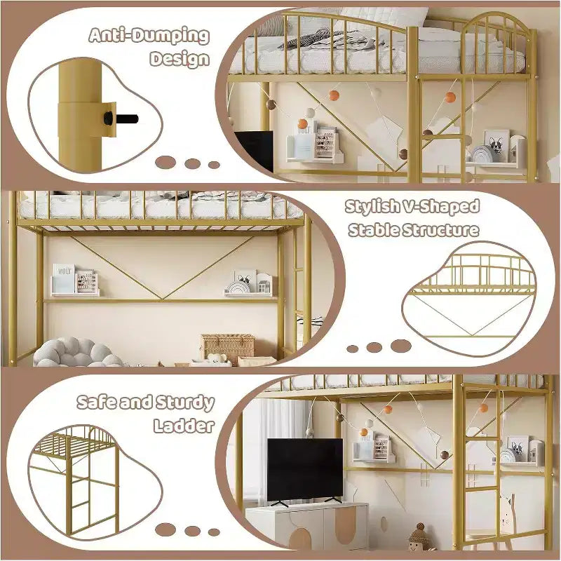 Lit mezzanine double avec escalier et garde-corps incurvé - Lattes métalliques robustes, gain de place, silencieux, pas besoin de sommier, idéal pour chambre d'enfant et dortoir, noir