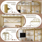 Lit mezzanine double avec escalier et garde-corps incurvé - Lattes métalliques robustes, gain de place, silencieux, pas besoin de sommier, idéal pour chambre d'enfant et dortoir, noir