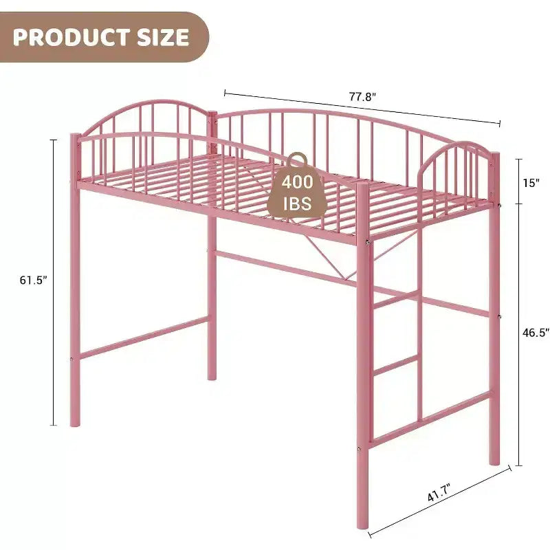 Lit mezzanine double avec escalier et garde-corps incurvé - Lattes métalliques robustes, gain de place, silencieux, pas besoin de sommier, idéal pour chambre d'enfant et dortoir, noir