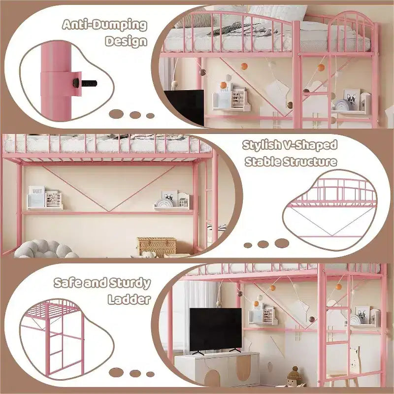 Lit mezzanine double avec escalier et garde-corps incurvé - Lattes métalliques robustes, gain de place, silencieux, pas besoin de sommier, idéal pour chambre d'enfant et dortoir, noir