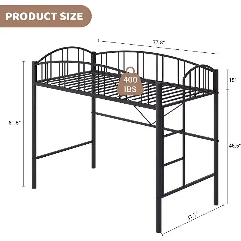 Lit mezzanine double avec escalier et garde-corps incurvé - Lattes métalliques robustes, gain de place, silencieux, pas besoin de sommier, idéal pour chambre d'enfant et dortoir, noir