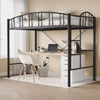 Lit mezzanine double avec escalier et garde-corps incurvé - Lattes métalliques robustes, gain de place, silencieux, pas besoin de sommier, idéal pour chambre d'enfant et dortoir, noir