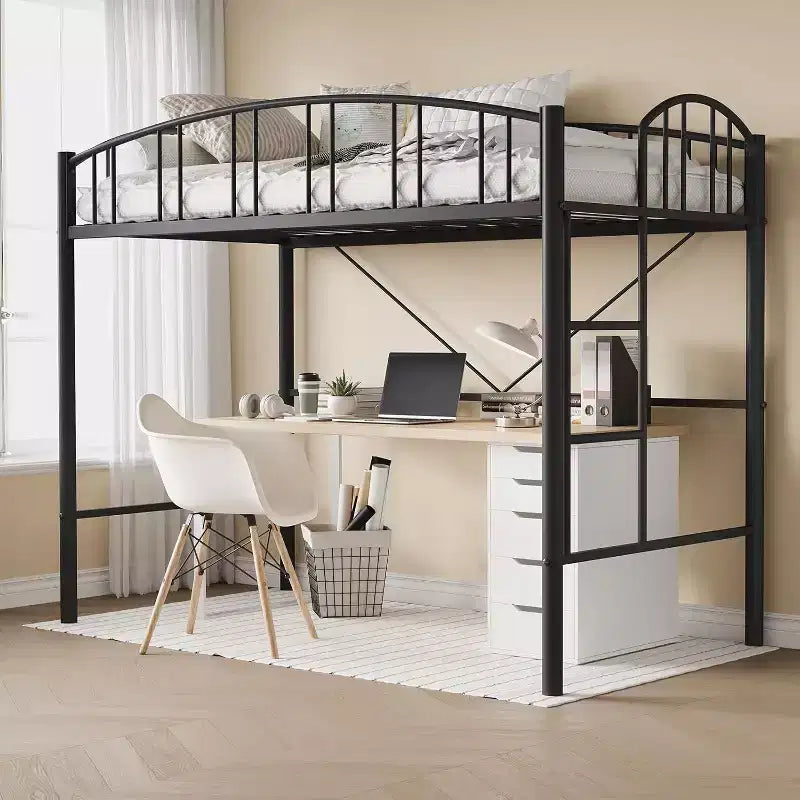 Lit mezzanine double avec escalier et garde-corps incurvé - Lattes métalliques robustes, gain de place, silencieux, pas besoin de sommier, idéal pour chambre d'enfant et dortoir, noir