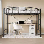 Lit mezzanine double avec escalier et garde-corps incurvé - Lattes métalliques robustes, gain de place, silencieux, pas besoin de sommier, idéal pour chambre d'enfant et dortoir, noir